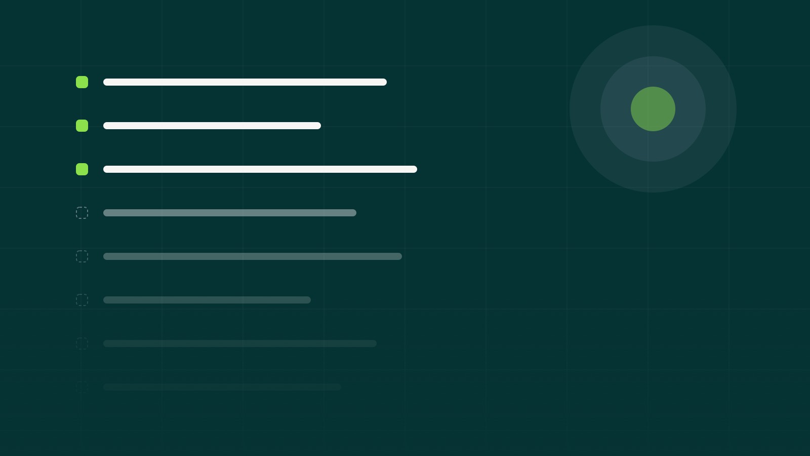 A checklist on a dark green background: the first three lines are ticked and sharp, and the ones below fade out until they disappear