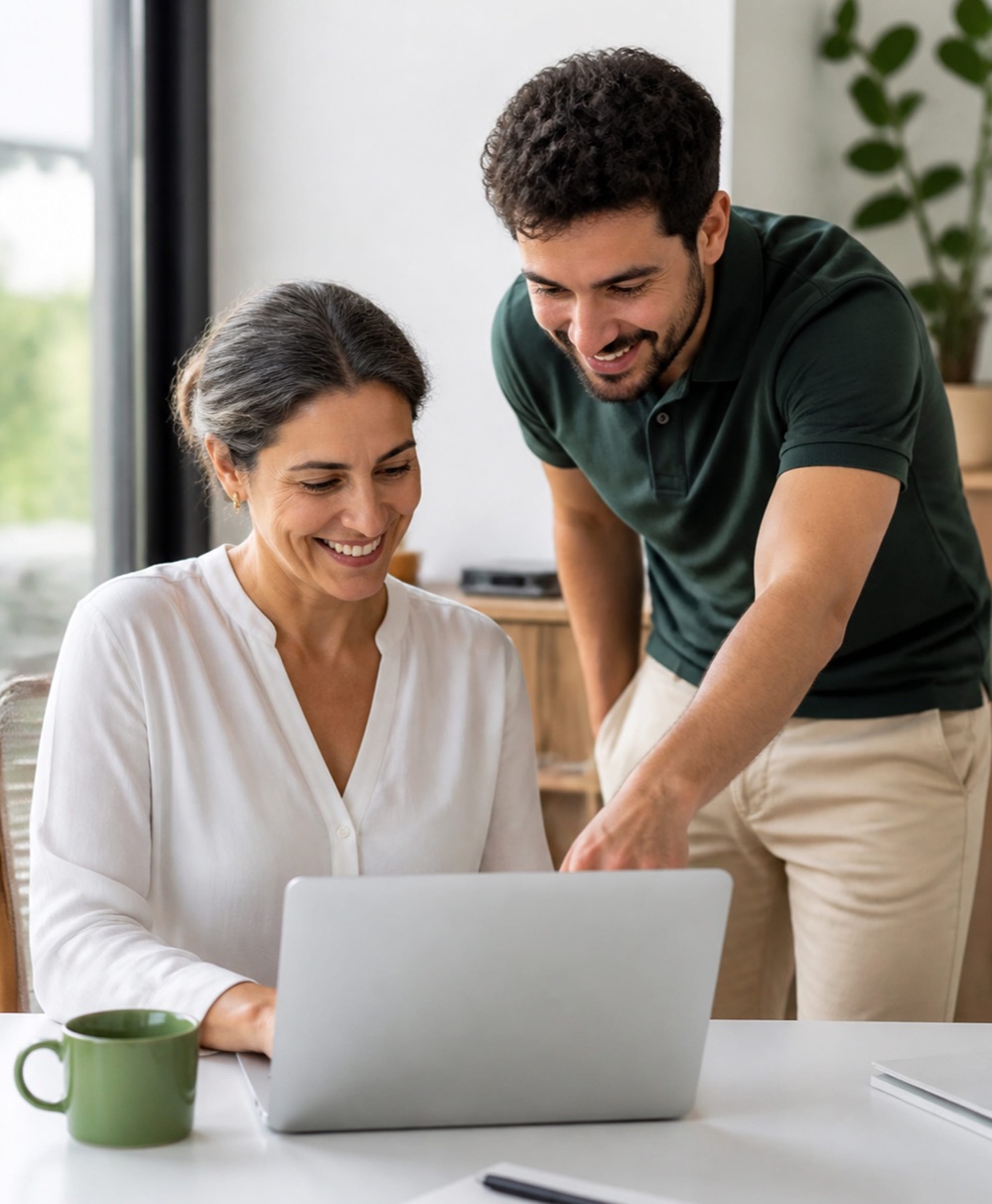 Two colleagues smiling in front of a laptop in a bright office